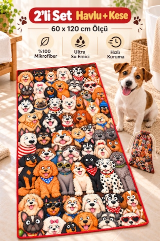 Kedi & Köpek Kurulama Havluları Dogs - Köpek Desenli Büyük Boy Hızlı Kuruyan 60x120cm