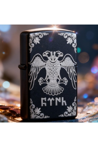 Çift Başlı Kartal Göktürkçe Türk Motifli Siyah Metal Benzinli Çakmak