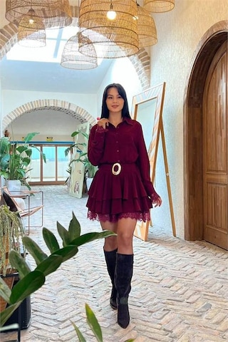 Neşeli Butik Kadın Bordo Gömlek Yaka Dantel Detaylı Kat Kat Mini Elbise Nbmy3858 Bordo
