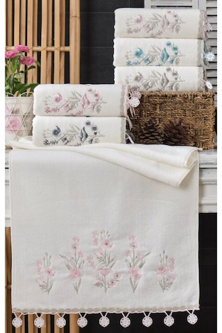 6'lı Set 30x50 Cm. Çeyizlik Kadife Nakışlı Yonca Küpeli Dantelli Lüks El Ve Mutfak Havlu Seti Gül
