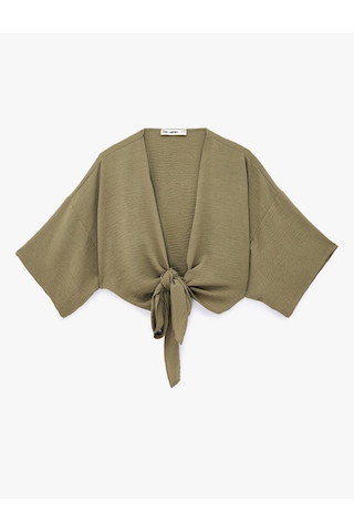 Koton Kısa Kollu Kruvaze Yaka Bağlamalı Crop Oversize Kimono Haki 6sal50004ıw