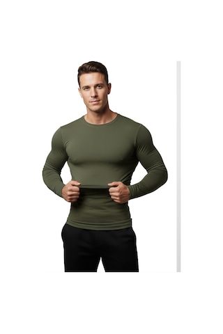 Deepsea Erkek Haki Uzun Kollu Dar Kalıp Ince Sıfır Yaka Sweatshirt 2300423 False Haki