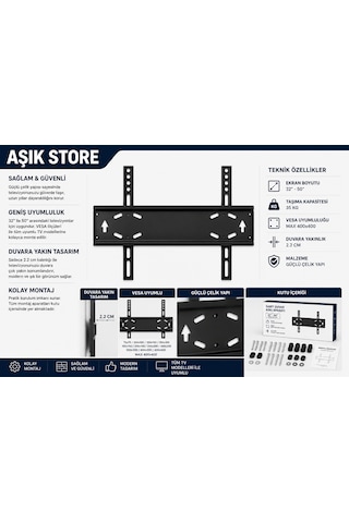 Sabit Tv Askı Aparatı 32-50 İnç Universal Tv Duvar Askısı Vesa 400x400 35 Kg Lcd Led Oled Qled Metal Gövde