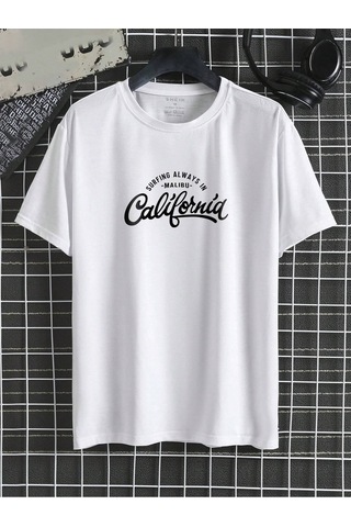 Surfing California T-shirt - Beyaz Baskılı Oversize Bisiklet Yaka Kısa Kol Tişört Beyaz