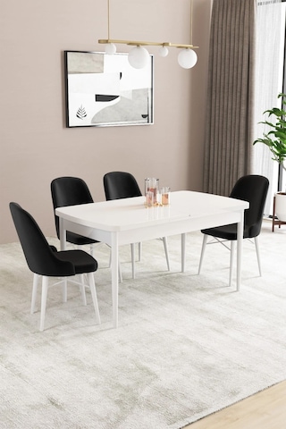 Sar Pakete Almira Serisi, Beyaz 80x132 Açılabilir Mdf Mutfak Masası Takımı 4 Adet Sandalye Siyah