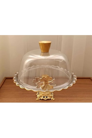 Çnr Home Collection Gold Metal Ayakli Cam Kapakli Kek Pasta Standi Fanus Gri