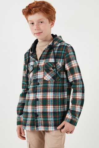 Lela Kapüşonlu Çift Cepli Ekoseli Kışlık Oduncu Erkek Çocuk Gömlek Cf24W81778 Kiremit-Yeşil