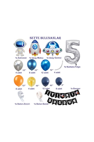 Uzay Temalı Doğum Günü Seti 5 Yaş ; 4 Adet Folyo Balon, 60 Adet Lateks Balon, Banner, Balon Zinciri ve Balon Bandı