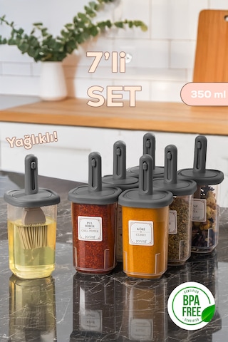Porsima 4364 7 Li Kaydırmalı Kaşıklı Sızdırmaz Kapaklı Etiketli Baharatlık Seti - Saklama Kabı Antrasit Antrasit