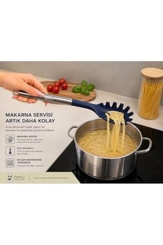 Silikon Makarna Servis Kaşığı, Paslanmaz Çelik Saplı, Lacivert, 34 Cm