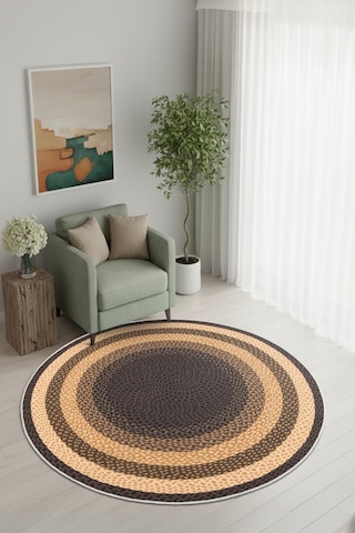 Zeminde Sıcaklık Örgü Desen Görünümlü Yuvarlak Kaymaz Taban Halı Bej - Kahve