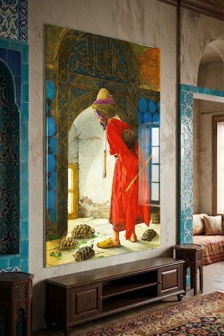 Kırılmaz Cam Tablo 5mm Kalın - Ev İşyeri Duvar Dekorasyonu - Kaplumbağa Terbiyecisi - Osman Hamdi Bey Klasik Sanat Ofis Salon Koridor Temperli Uv Baskılı Hediyelik