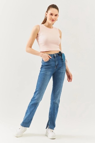 Butikgiz Kadın Sıfır Kol Bisiklet Yaka Vücuda Oturan %100 Pamuklu Kaşkorse Esnek Crop Bluz Pudra