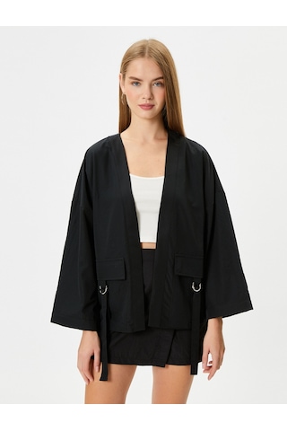Koton Kimono Uzun Geniş Kollu Kruvaze Yaka Kapaklı Cep Detaylı Siyah 4wal50011ıw 4WAL50011IW999 Siyah