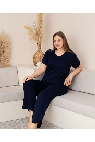 Lukitus Büyük Beden Battal Bambu Dantel Detaylı Kısa Kol Kadın Pijama Takımı Lacivert