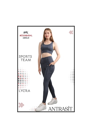 Missmaral Kadın Alt Üst Takım Fitness Pilates Koşu Spor Slm Fit Tayt Çift Cep Yüksek Bel Likralı Antrasit 3065 Antrasit
