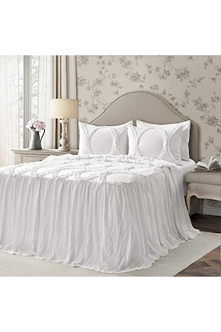 Lush Décor Riviera Fırfırlı Etek Yatak Örtüsü Beyaz Salaş Şık Çiftlik Evi Tarzı Hafif 3 Parça Set Polyester Genel