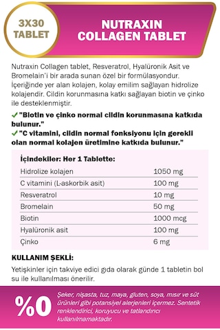 Nutraxin Hidrolize Kolajen 1050 Mg 3x30 Tablet Tip1 Tip3 Resveratrol Bromelain Biotin Hyalüronik asit Çinko