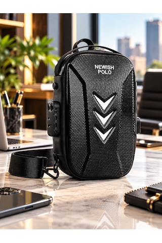 Newish Polo Erkek Şifreli Kilitli Su Geçirmez Tek Sırt Askılı Sling Bag Usb Ve Kulaklık Çıkışlı Çapraz Omuz Ve Sırt Çantası Siyah - 007