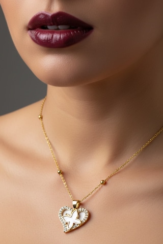 Altın Renk Beyaz Sedef Kalp Kelebek Model Top Zincir Çelik Kolye- 3725 Çok Renkli