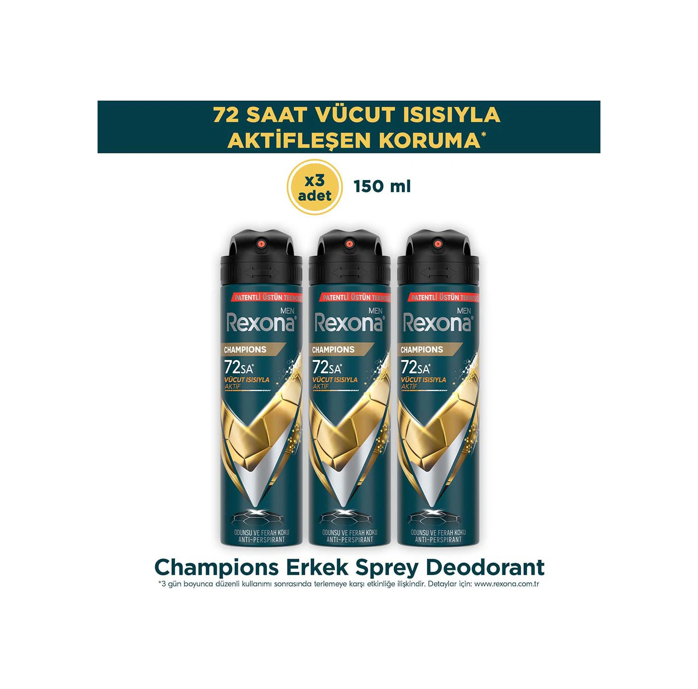 Rexona Men Erkek Sprey Deodorant Champions 72 Saat Kesintisiz Koruma 150 Ml X3