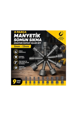 9 Parça Manyetik Somun Sıkma Anahtar Matkap Uçları Seti Lokma Anahtar Takımı 5-13 Mm