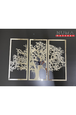 Sonbahar 3'lü Çınar Ağacı Tablo Mdf Üzeri Aynalı Gümüş Pleksi