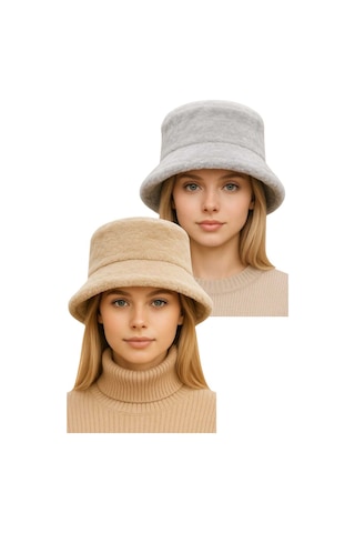 Uniquetrenders Kadın Ayarlanabilir Peluş Bucket Kova Şapka 2'li Set Gri - Bej