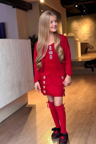 Riccotarz Kız Çocuk Askılı Bluz Hırka Ve Elmas Taş İşlemeli Cepli Bordo Triko Etekli Takım Bordo