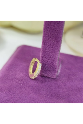 8 Mm Taşlı Halka Gümüş Küpe Tek - Altın Sarı Beyaz
