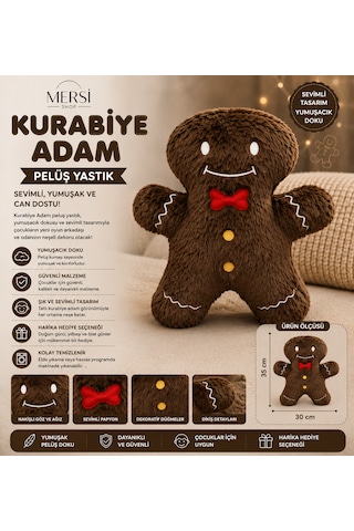 Kurabiye Adam Peluş Yastık Sevimli Dekoratif Yumuşak Oyuncak Çocuk Odası Peluşu Boz Kahve