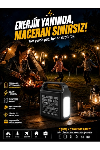 100000mah Powerbank 22.5w Hızlı Şarj Dahili Kablolu Lcd Ekranlı Led Fenerli 3a Taşınabilir Güç İstasyonu siyah