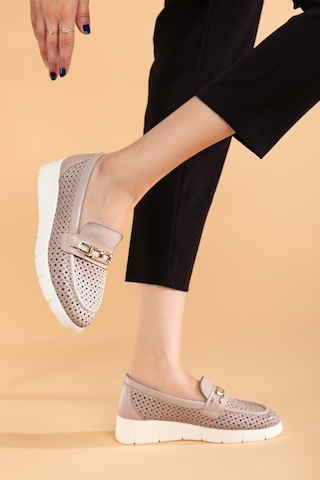 Analin Shoes Kadın Hakiki Deri Günlük Lazerli Tokalı Rahat Ayakkabı Silvergrey