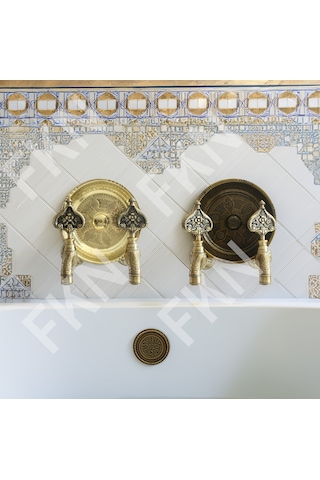 Fkn İkili Sarı Hamam Taslı Desenli Perlatörlü Antik Osmanlı Musluk Bronz