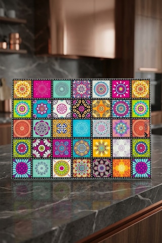 Makri Home Dekoratif Desenli Cam Kesme Tahtası 25 Cm 35 Cm Çok Renkli