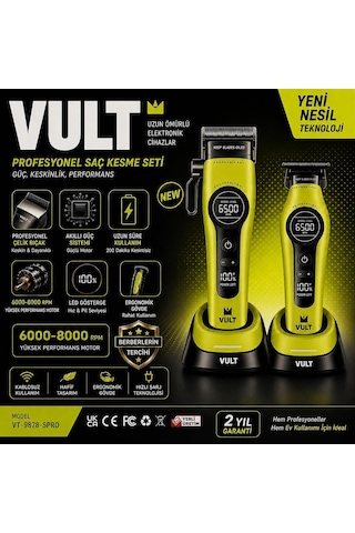 Vult - 2'li Tıraş Makinesi Seti - Vt-9878-spro Profesyonel Berber Tipi Kablosuz Clipper & Trimmer 6000-8000 Rpm Motor 200 Dakika Pil Led Ekran Dlc Bıçak - Yeşil
