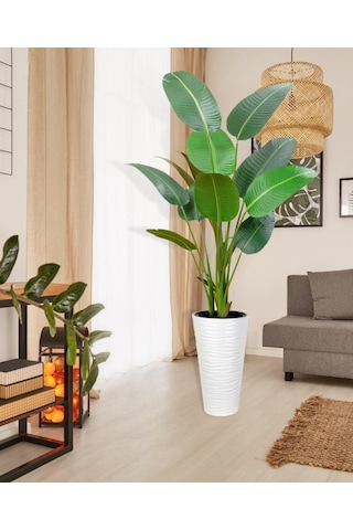 Yapay Ağacı Beyaz 57cm Uzun Kumsal Vazoda Muz Ağacı Yapay Starliçe 195cm 10 Yaprak