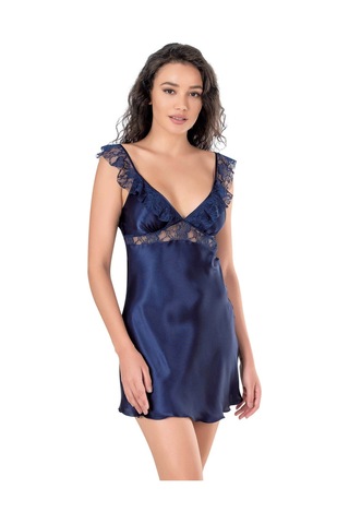Aria's Closet Dantel İşlemeli Dekolteli Lacivert Kısa Saten Gecelik