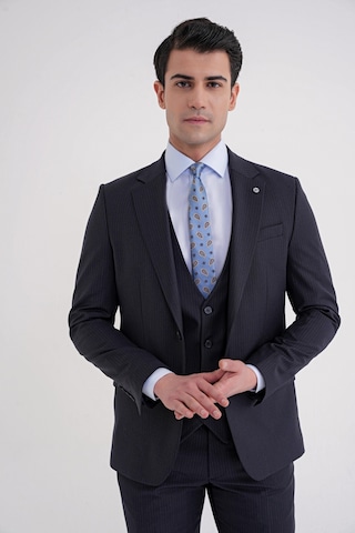 Efor Slim Fit Çift Yırtmaç Çizgili Esnek Yünlü Lacivert Yelekli Klasik Takım Elbise Tk 935 Lacivert