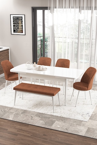 Canisa Concept Zen Serisi 80x132 Mdf Açılabilir Beyaz Masa Takımı 4 Kiremit Sandalye Ve 1 Bench Masa Beyaz Sandalye Ve Bench Kiremit