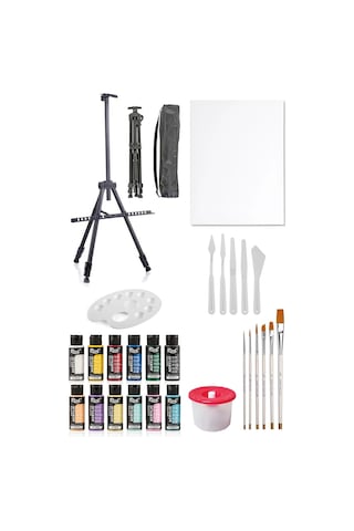 Rich Mastermix Akrilik Boya Seti 12 Renk 3 Ayaklı Şövale 35x50 Tuval Metal Şövale Plastik Spatül Set