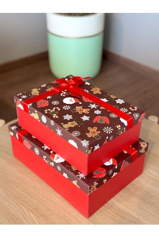 Yılbaşı Temalı 3 Lü Dekoratif Fiyonklu Hediye Kutusu Kahverengi Orta-büyük Boy 35x25x13 Cm
