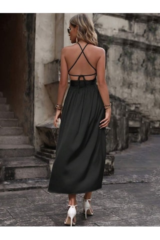 Fashion Cocktail Saten Göğüs Pencere Sırt Dekolteli Yırtmaçlı Uzun Gece Düğün Mezuniyet Elbise Siyah