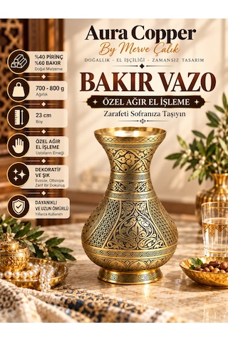 Aura Copper Dekoratif Bakır Vazo 23 Cm Ağır El İşlemeli El Yapımı Obje Çiçeklik Vz-00001
