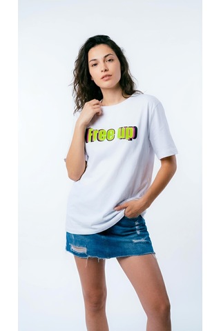 Kadın Beyaz Bisiklet Yaka Slogan Baskılı Oversize Tişört
