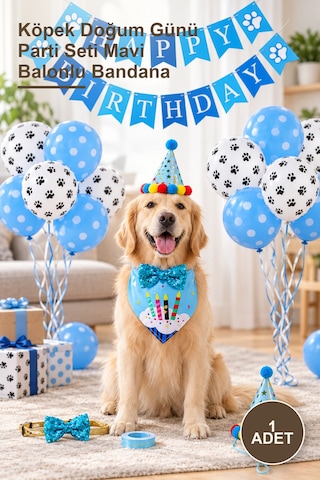 1 Adet Köpek Doğum Günü Parti Seti Mavi Balonlu Bandana