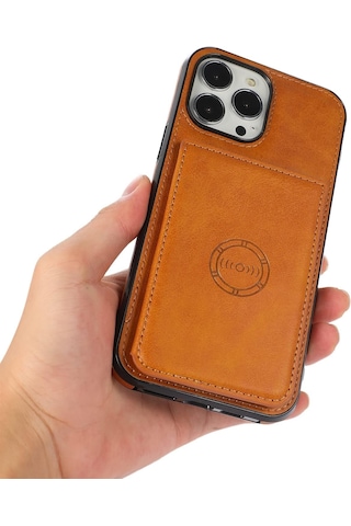 Iphone 13 Pro Max Uyumlu Kart Bölmeli Cüzdanlı Deri Kılıf Taba