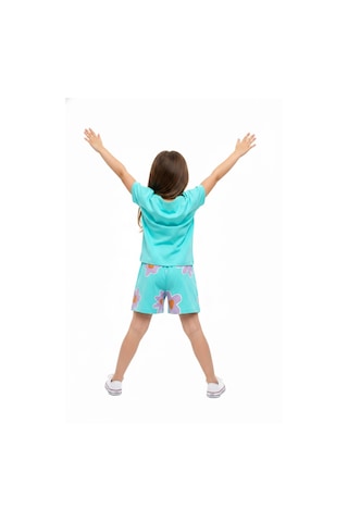 Toontoy Kids Toontoy Kız Çocuk 2'li Şortlu Takım Bisiklet Yaka Kısa Kollu Baskılı Tişört - Beli Lastikli Bağlamalı Baskılı Şort 25035 Mint Yeşili