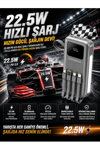 10000mah 22.5w Hızlı Şarjlı Powerbank Usb Micro Type-c Girişli Led Işıklı Kendinden Kablolu Antrasit