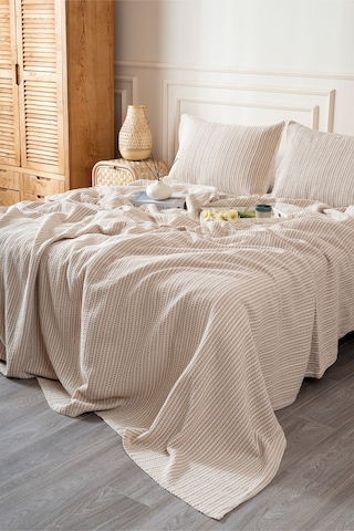 Boho Waffle-bej Tek Kişilik 160x240 Yatak Örtüsü 50x70 - 1 Ad Yastık Kılıfı 7041a